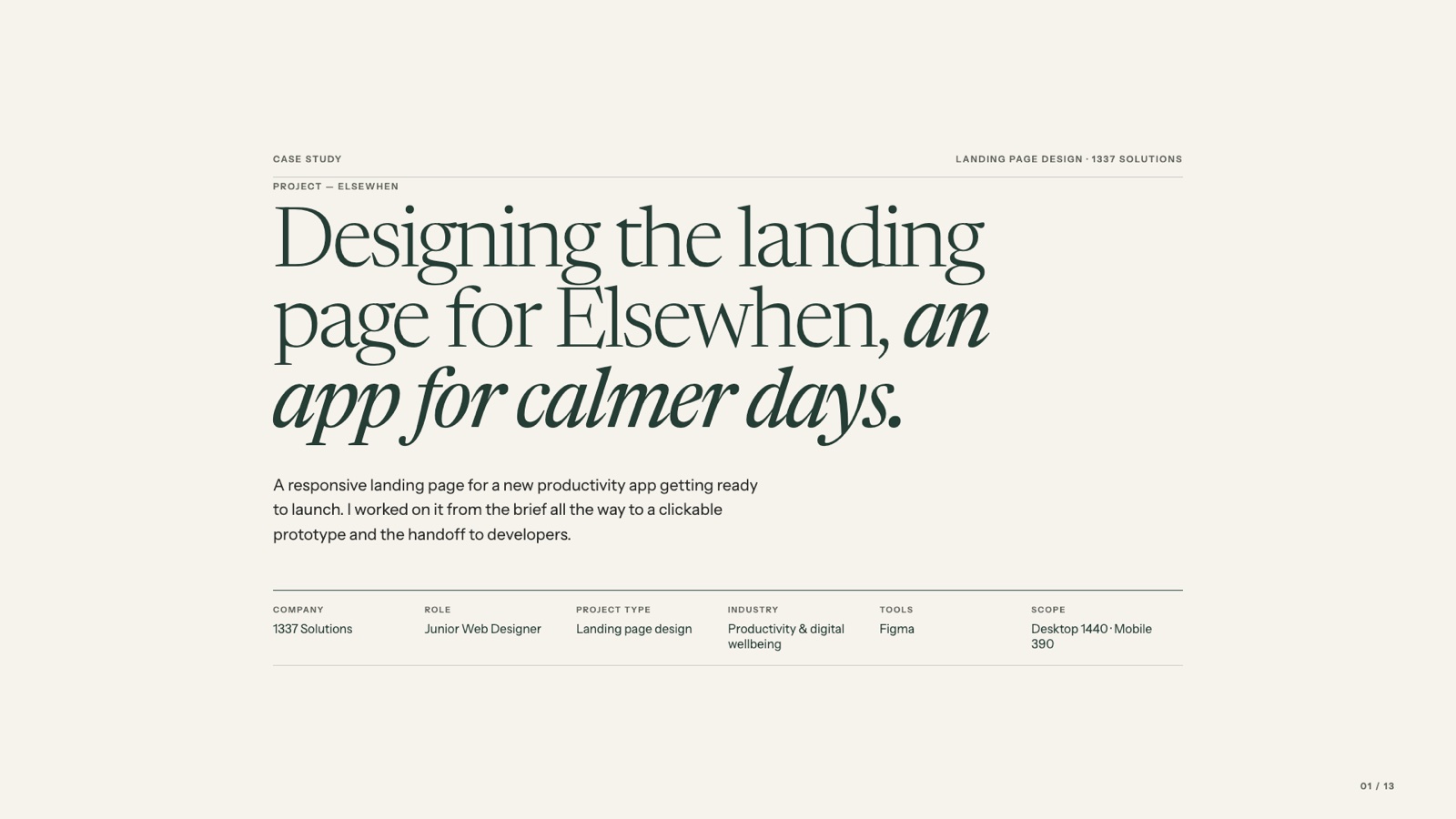 Title slide: Designing the landing page for Elsewhen, an app for calmer days — company, role, project type, industry, tools and scope.