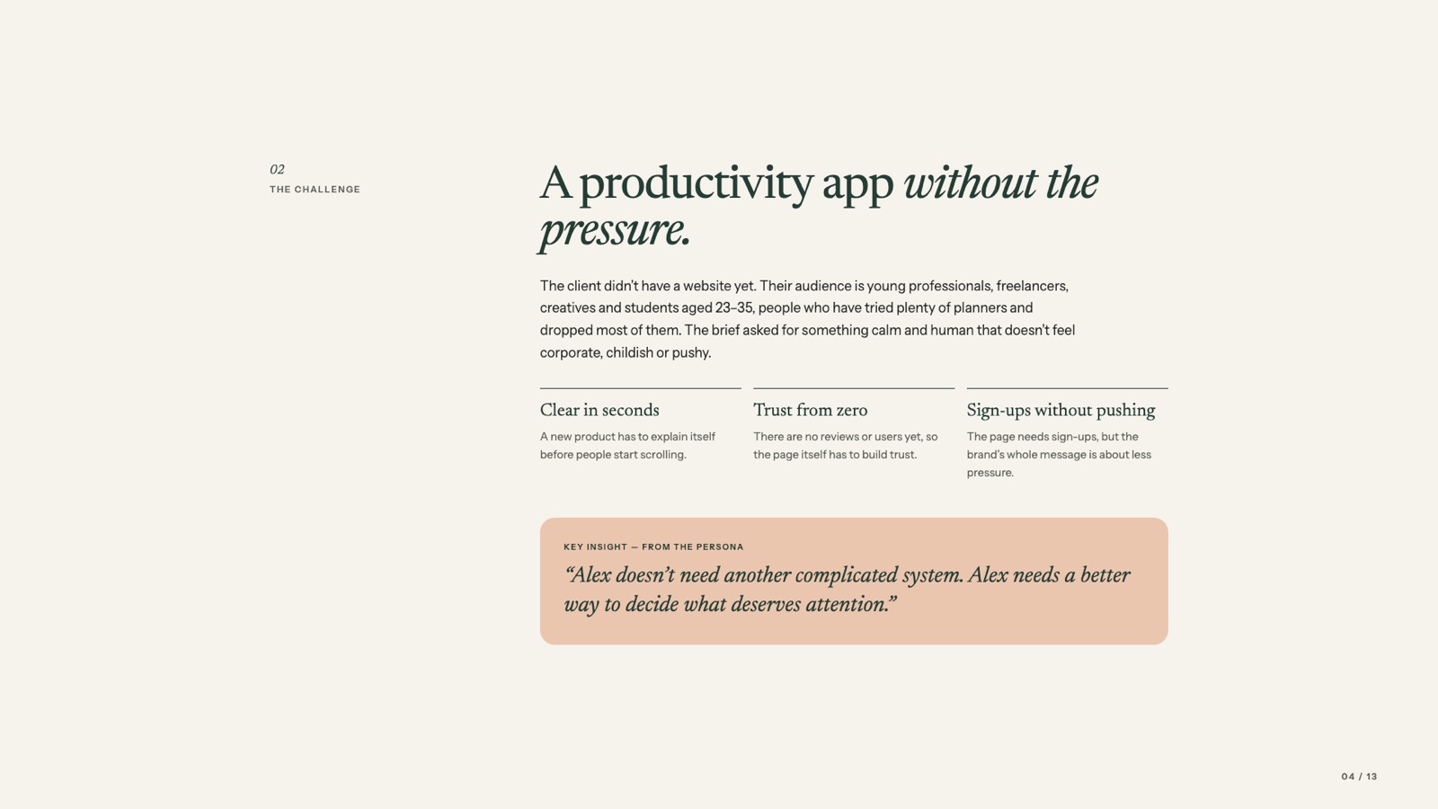 The challenge: a productivity app without the pressure, for people aged 23–35 who have tried plenty of planners.
