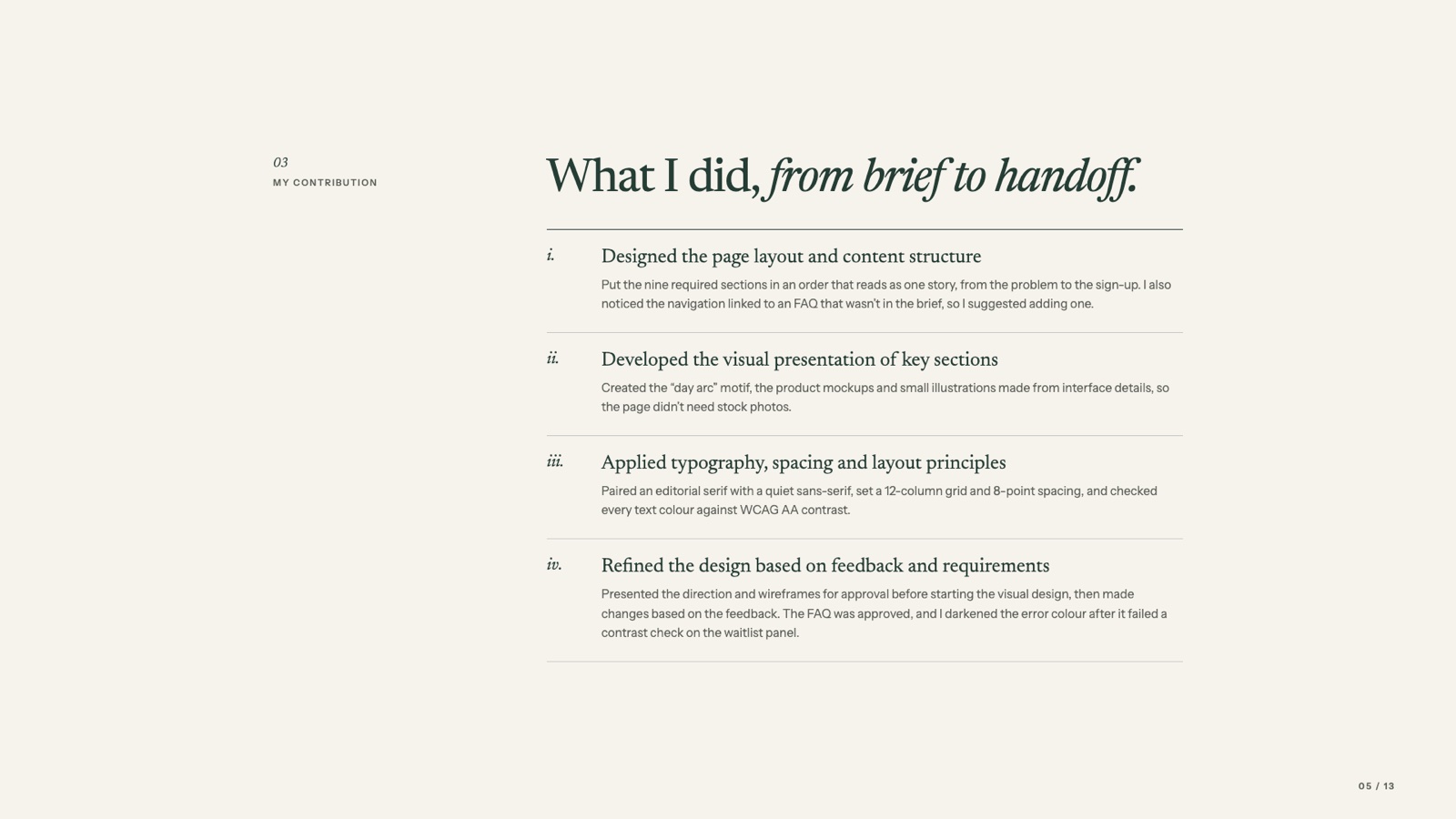 My contribution: what I did, from brief to handoff.