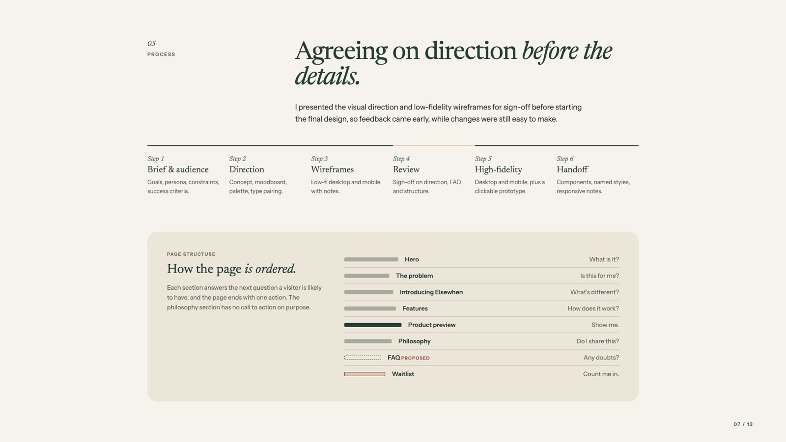 Process: agreeing on direction before the details, and how the page is ordered.