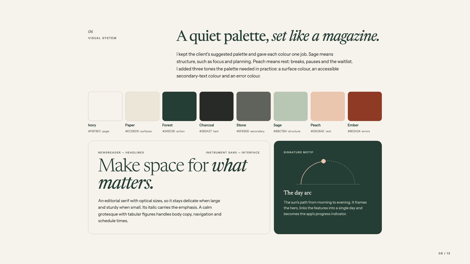 Visual system: a quiet palette set like a magazine, where sage means structure and peach means rest.