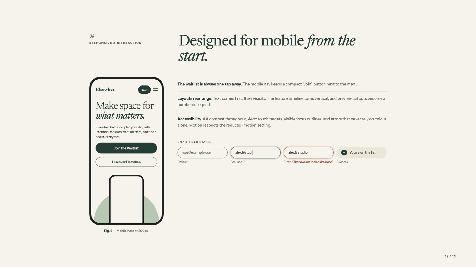 Responsive and interaction: designed for mobile from the start, with the waitlist always one tap away.