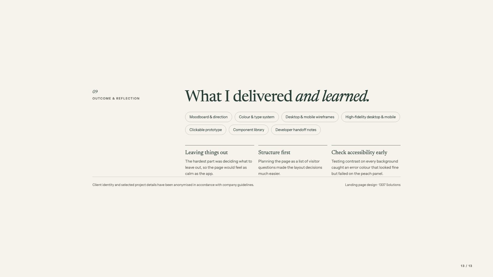 Outcome and reflection: what I delivered and learned.