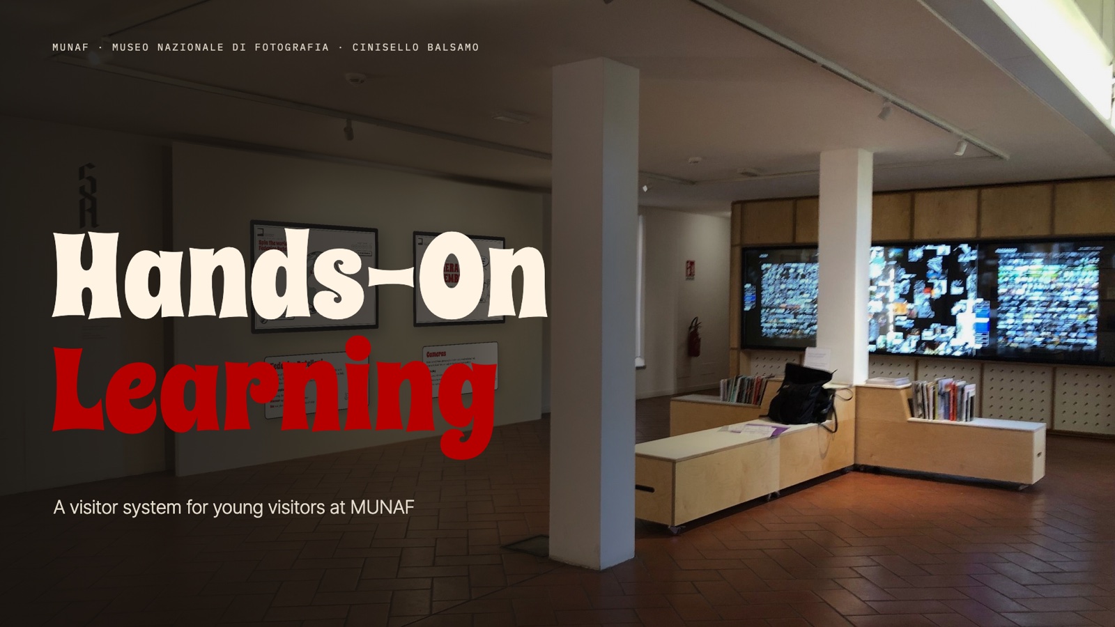 Title slide: Hands-On Learning, a visitor system for young visitors at MUNAF, over a photo of the museum hall.