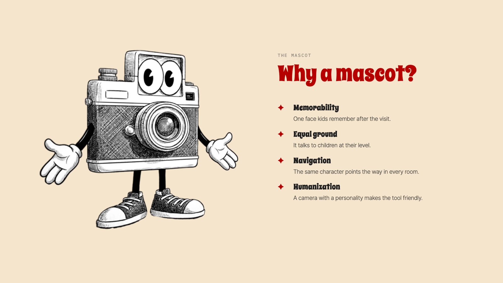 Why a mascot: memorability, equal ground, navigation and humanisation.