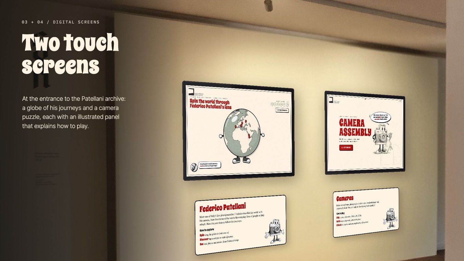 Two touch screens at the entrance to the Patellani archive, each with an illustrated panel explaining how to play.