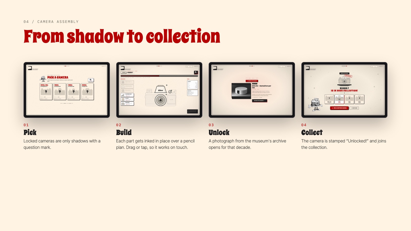 From shadow to collection: pick, build, unlock and collect four cameras from the 1940s to the 2000s.