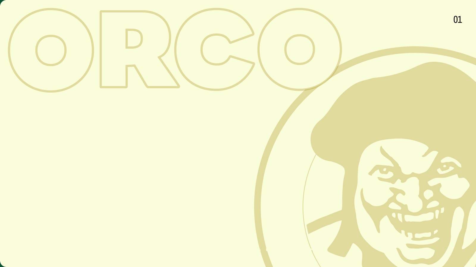 Title slide: the ORCO wordmark in outline next to the Orco mascot.
