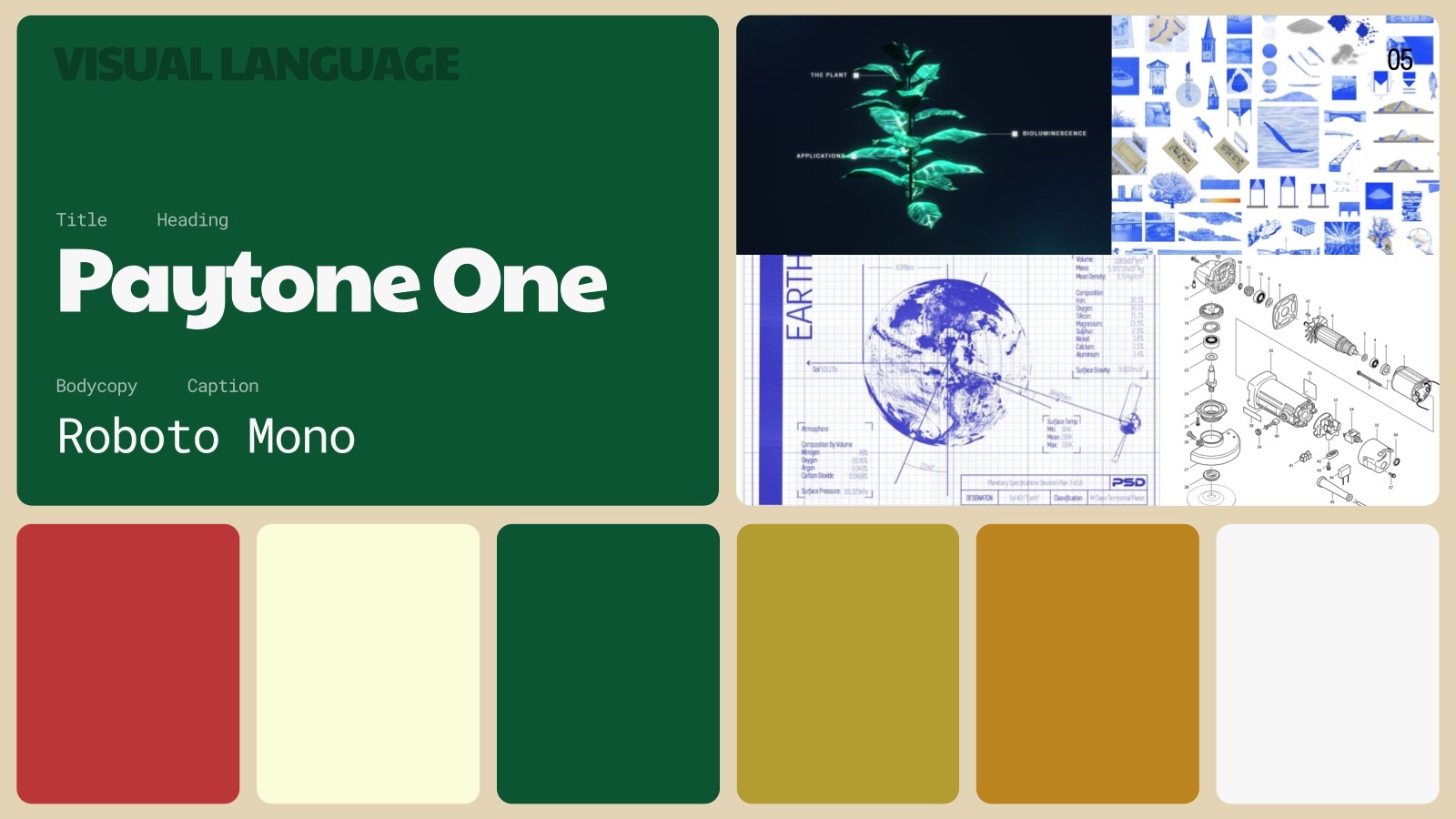 Visual language: Paytone One and Roboto Mono, a palette of red, cream, green, olive and mustard, and reference imagery.