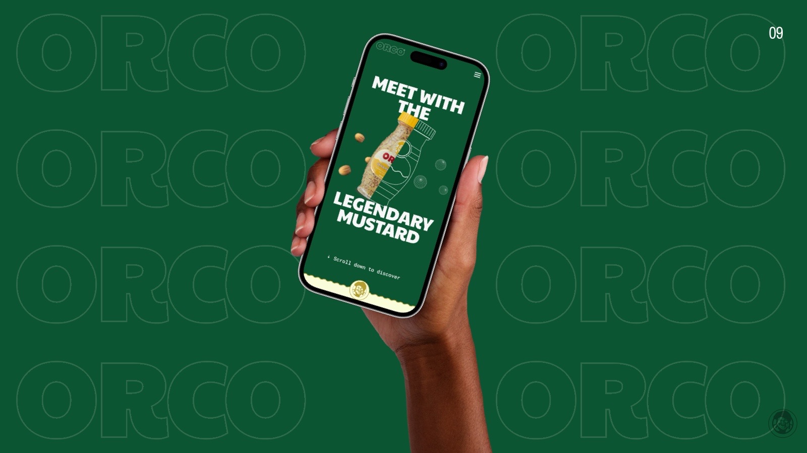 Mobile design “Meet with the legendary mustard” on a green ORCO pattern.