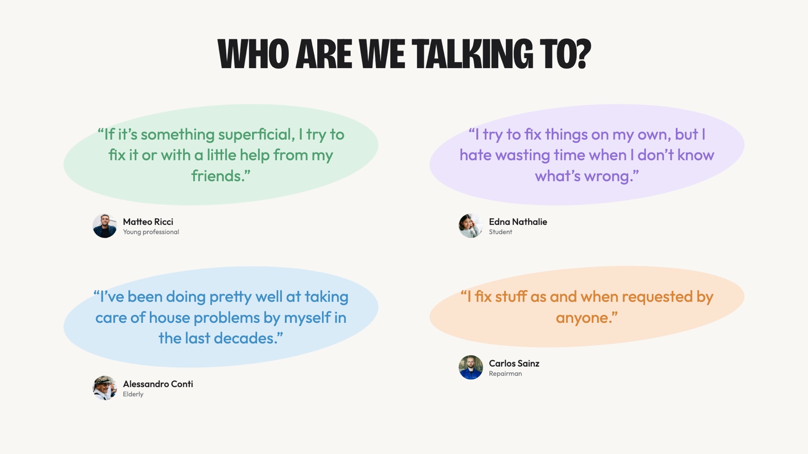 Who are we talking to? Four personas: Matteo, a young professional; Edna, a student; Alessandro, elderly; Carlos, a repairman.