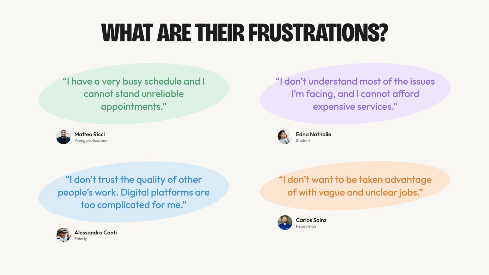 What are their frustrations? Unreliable appointments, unaffordable services, distrust of others' work and of complicated platforms, and vague, unclear jobs.