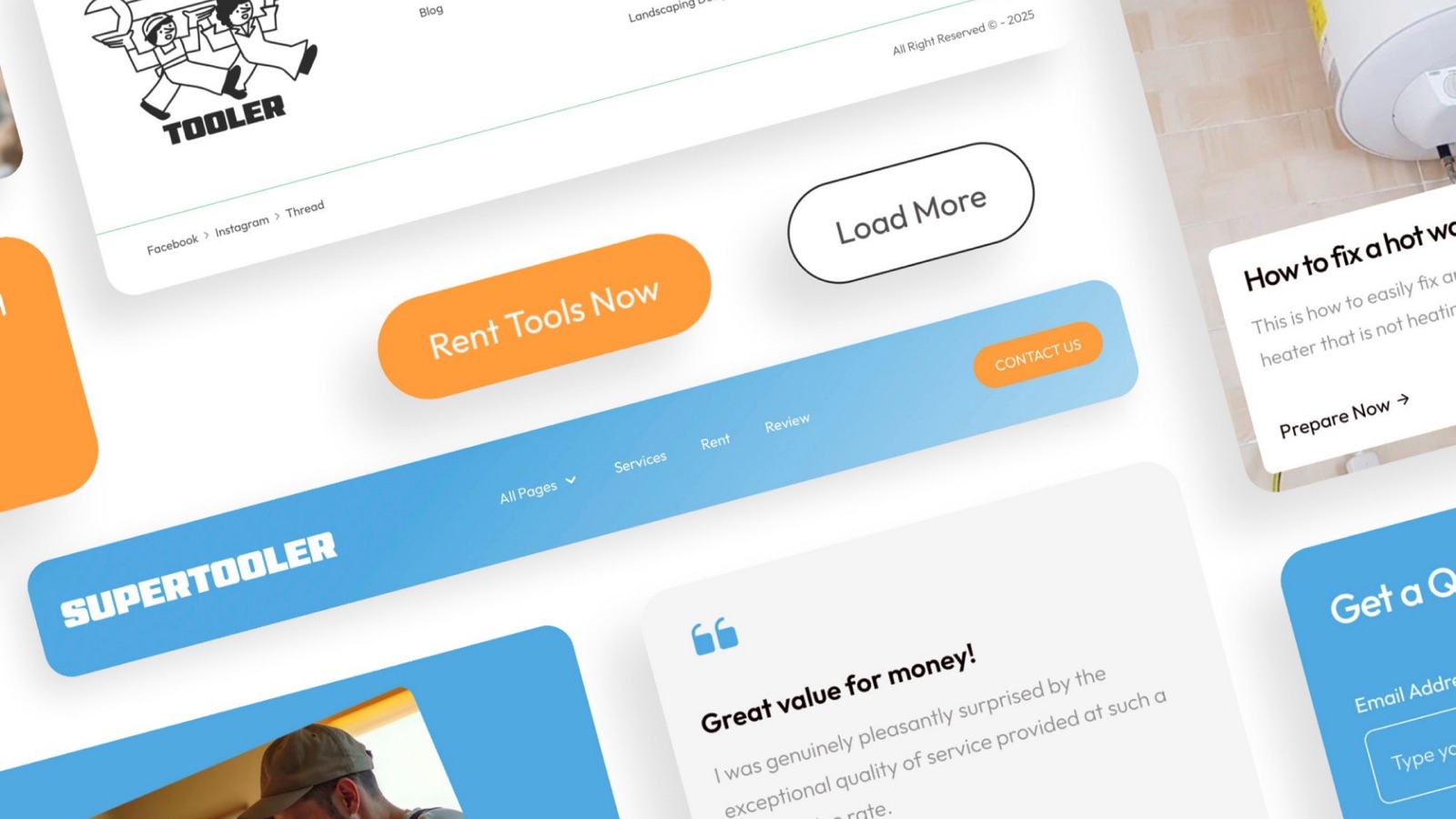 SuperTooler interface elements: buttons, cards, reviews and navigation.