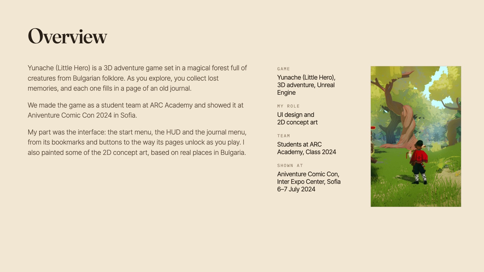 Overview: a 3D adventure game set in a magical forest full of creatures from Bulgarian folklore, where each lost memory fills a page of an old journal.