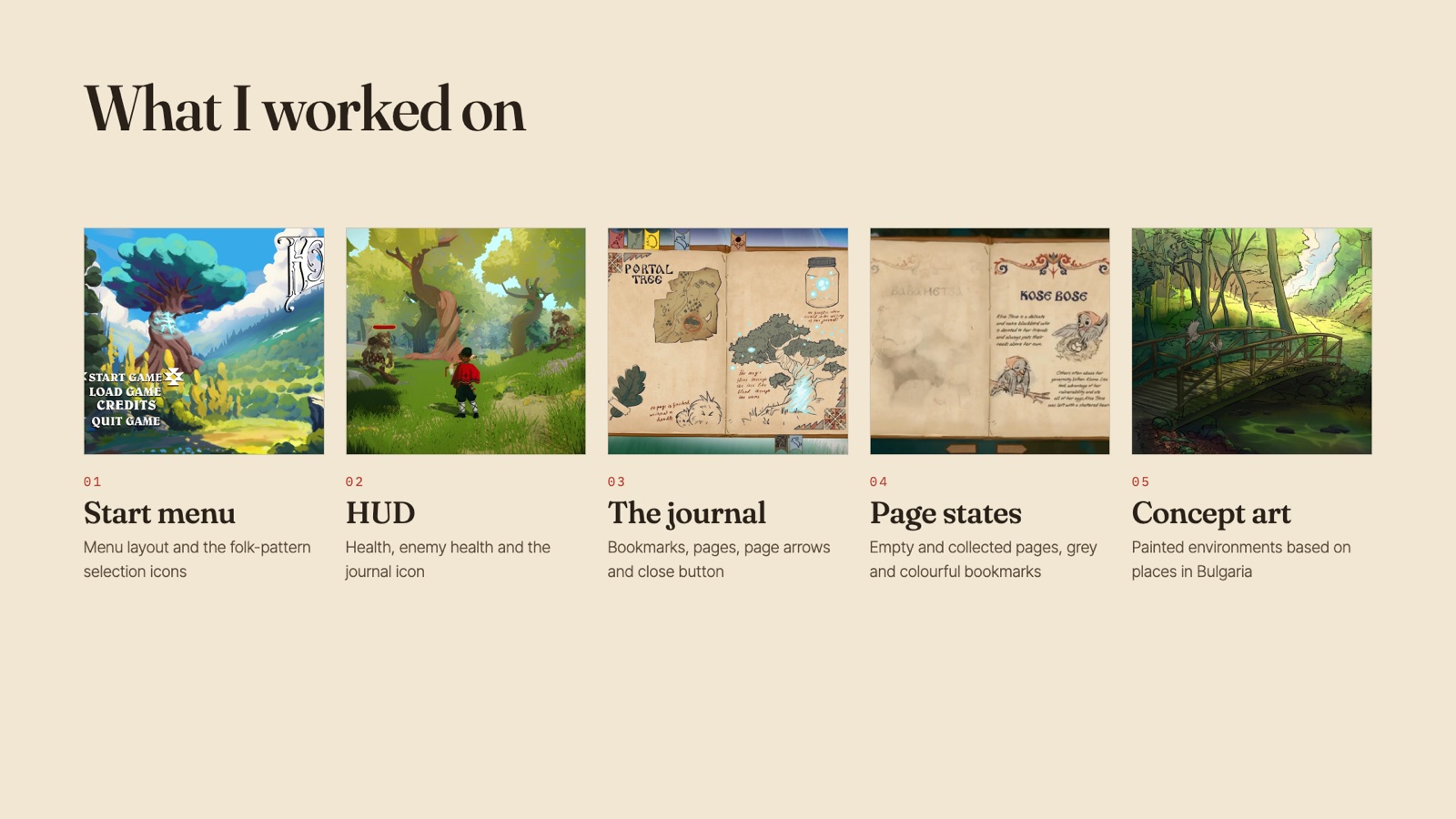 What I worked on: start menu, HUD, the journal, page states and concept art.