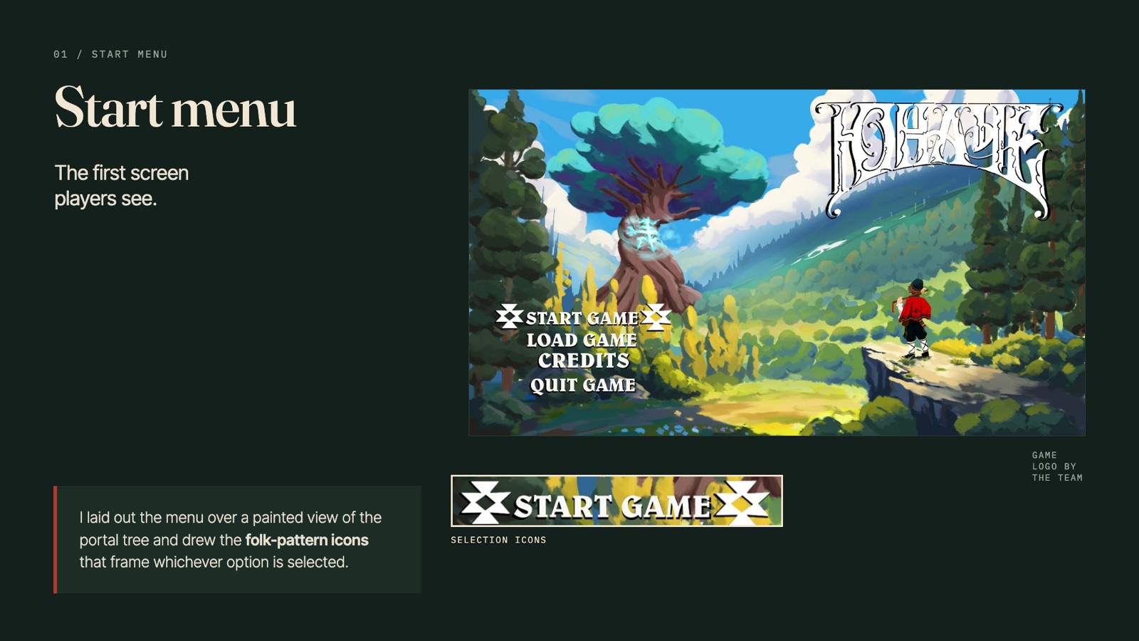Start menu: the menu laid out over a painted view of the portal tree, with folk-pattern selection icons.