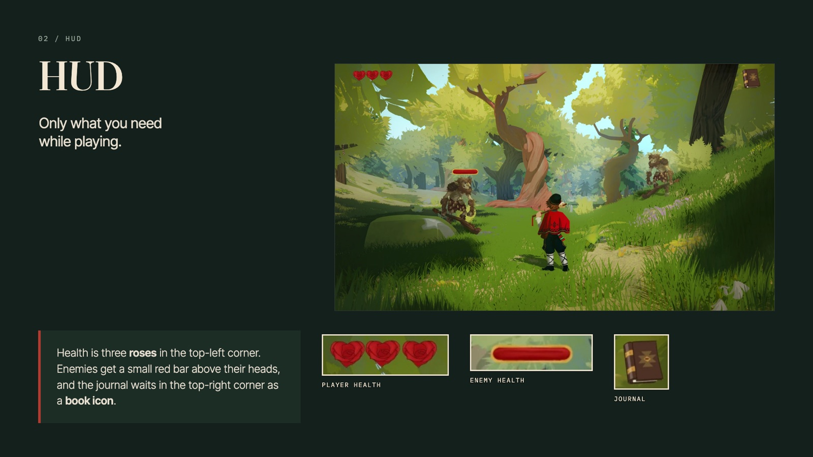 HUD: health as three roses, small red enemy health bars and a journal icon.