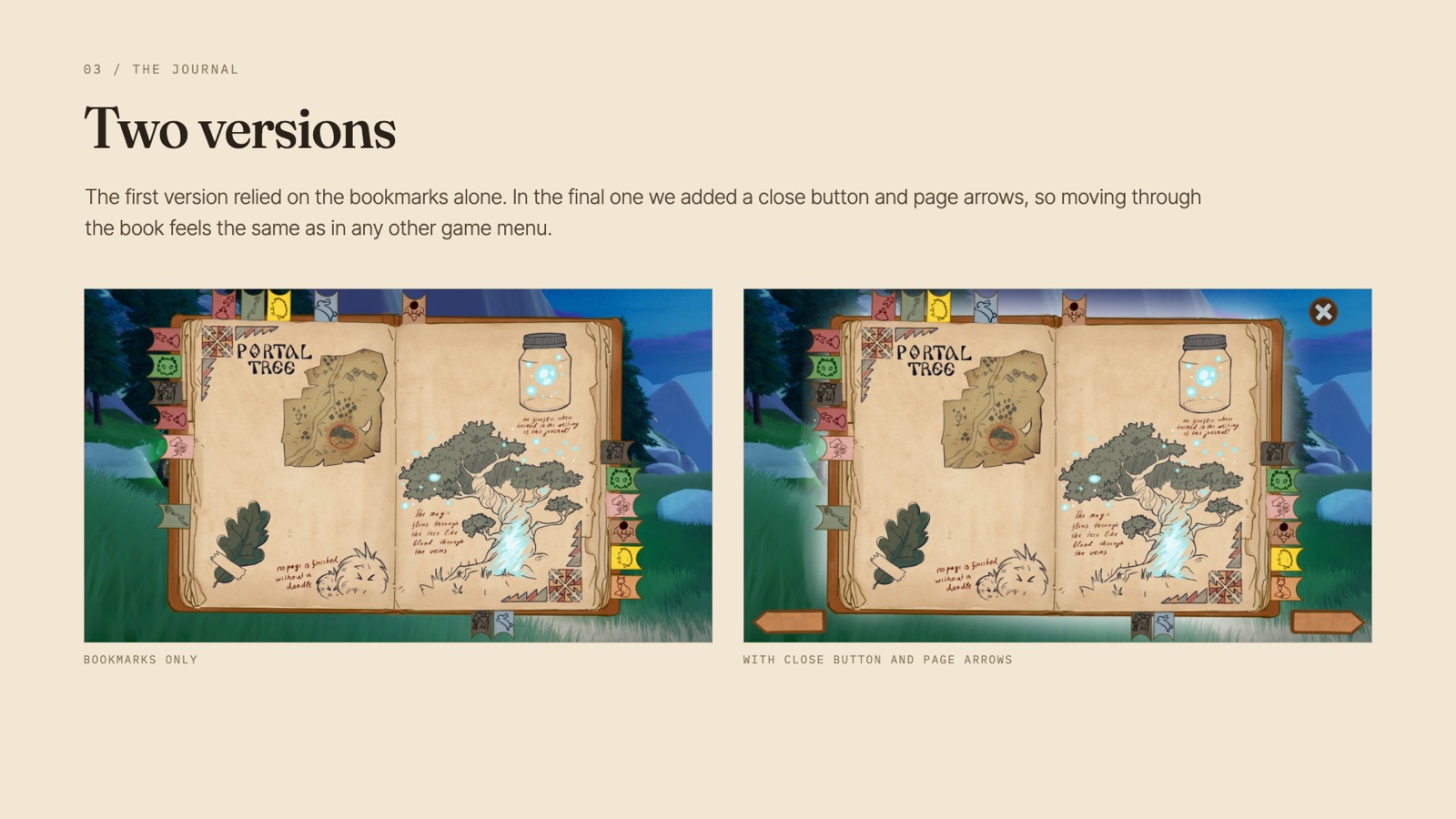 Two versions of the journal: bookmarks only, then with a close button and page arrows.