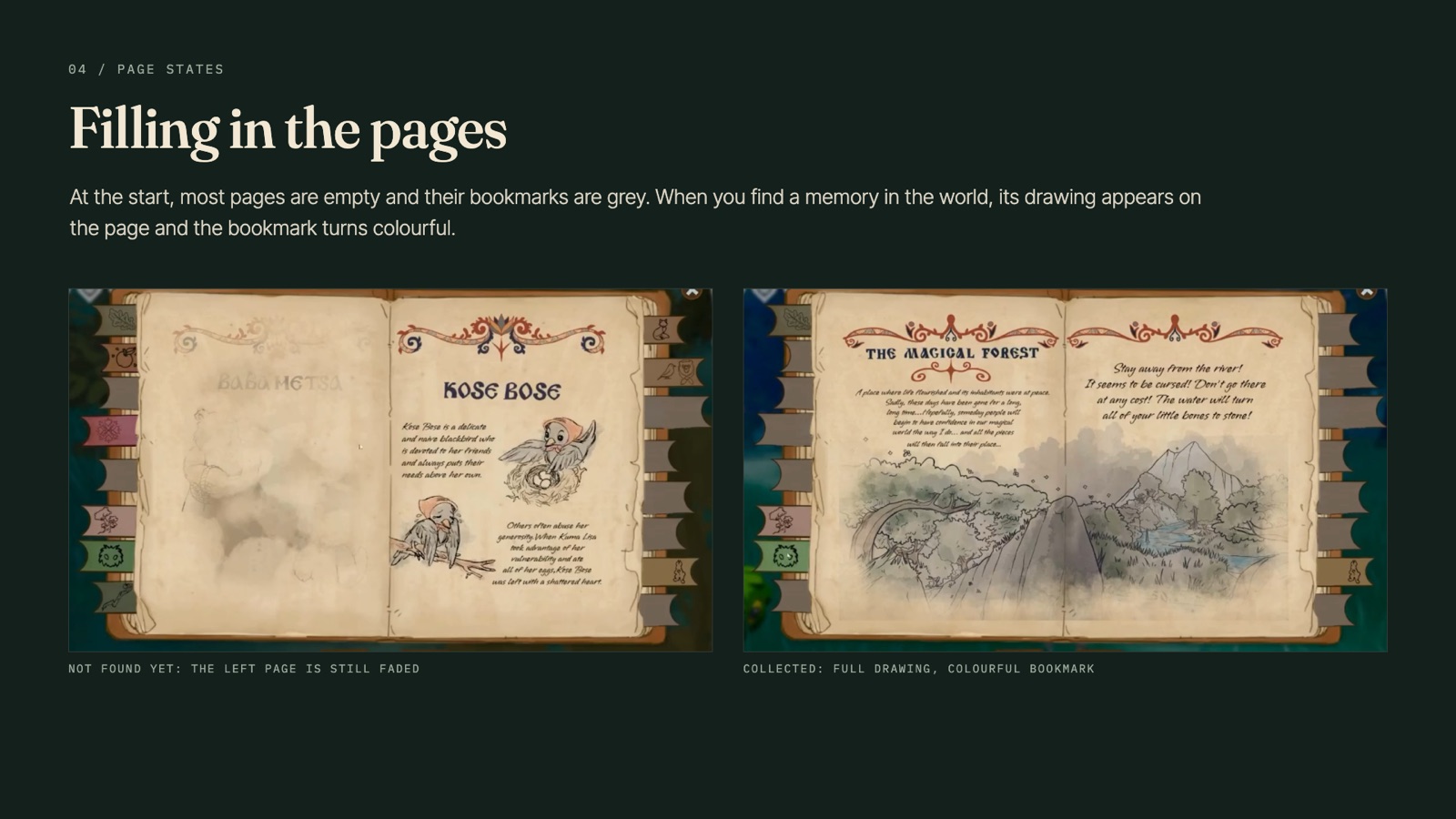 Page states: empty pages with grey bookmarks, and collected pages with full drawings and colourful bookmarks.