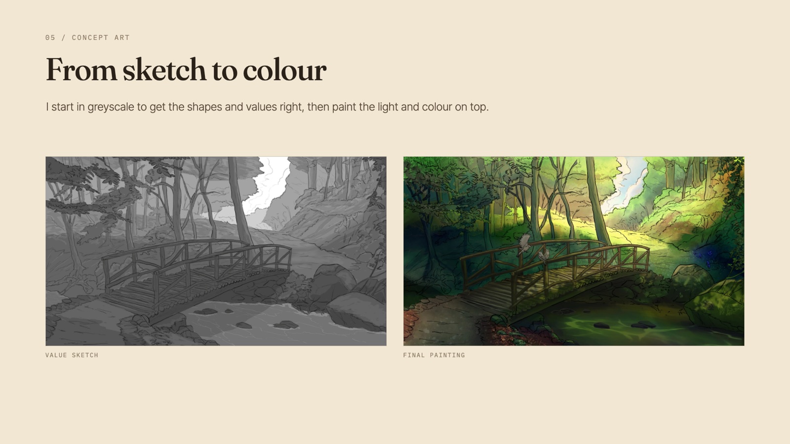 From sketch to colour: a greyscale value sketch, then the final painting of a forest bridge.