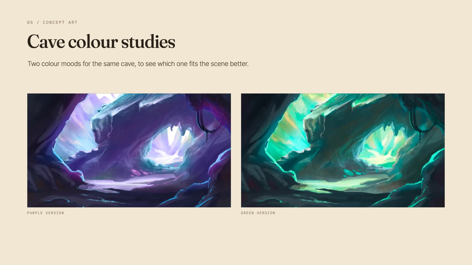 Cave colour studies: a purple and a green version of the same cave.