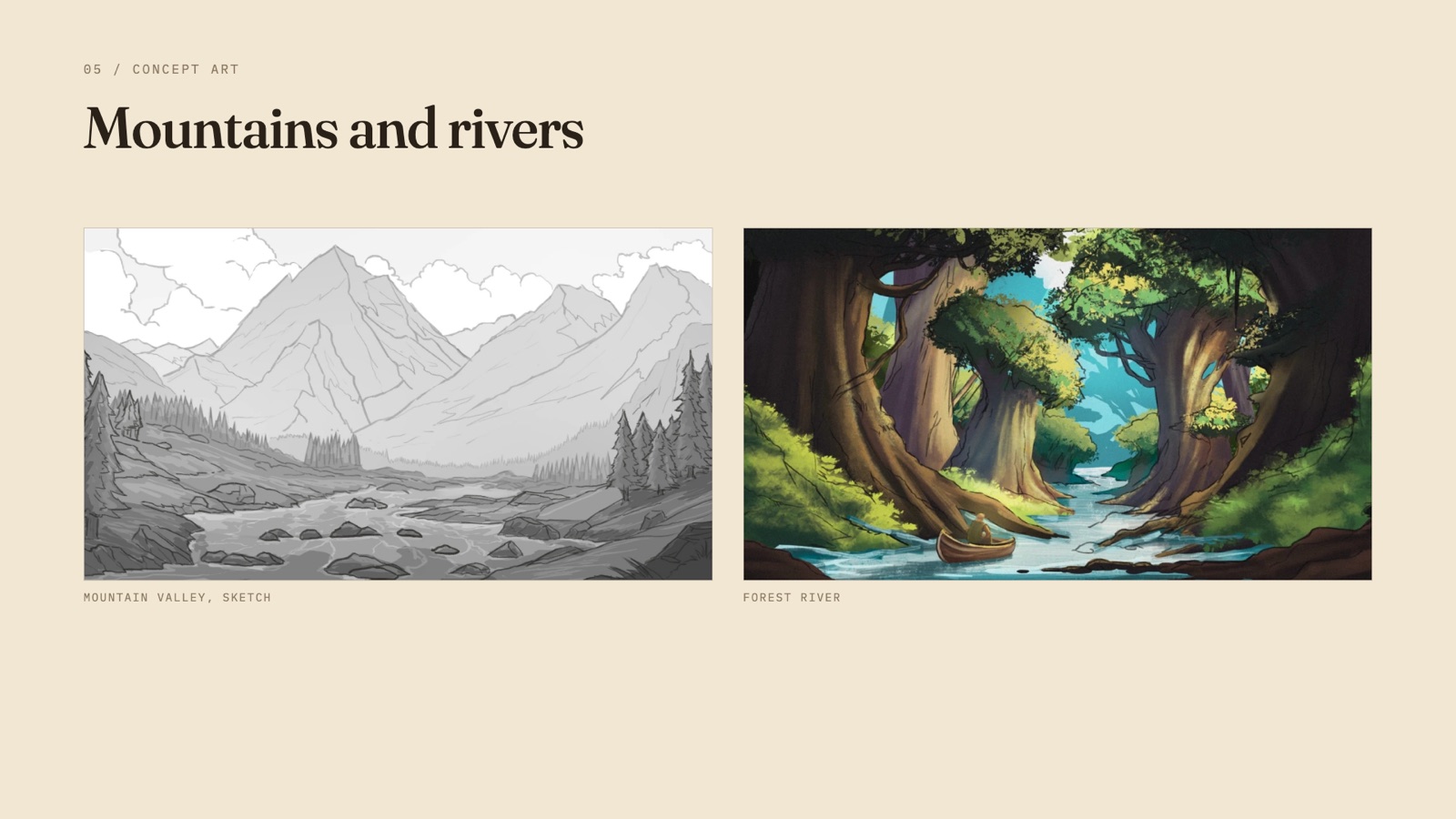 Mountains and rivers: a mountain valley sketch and a forest river.