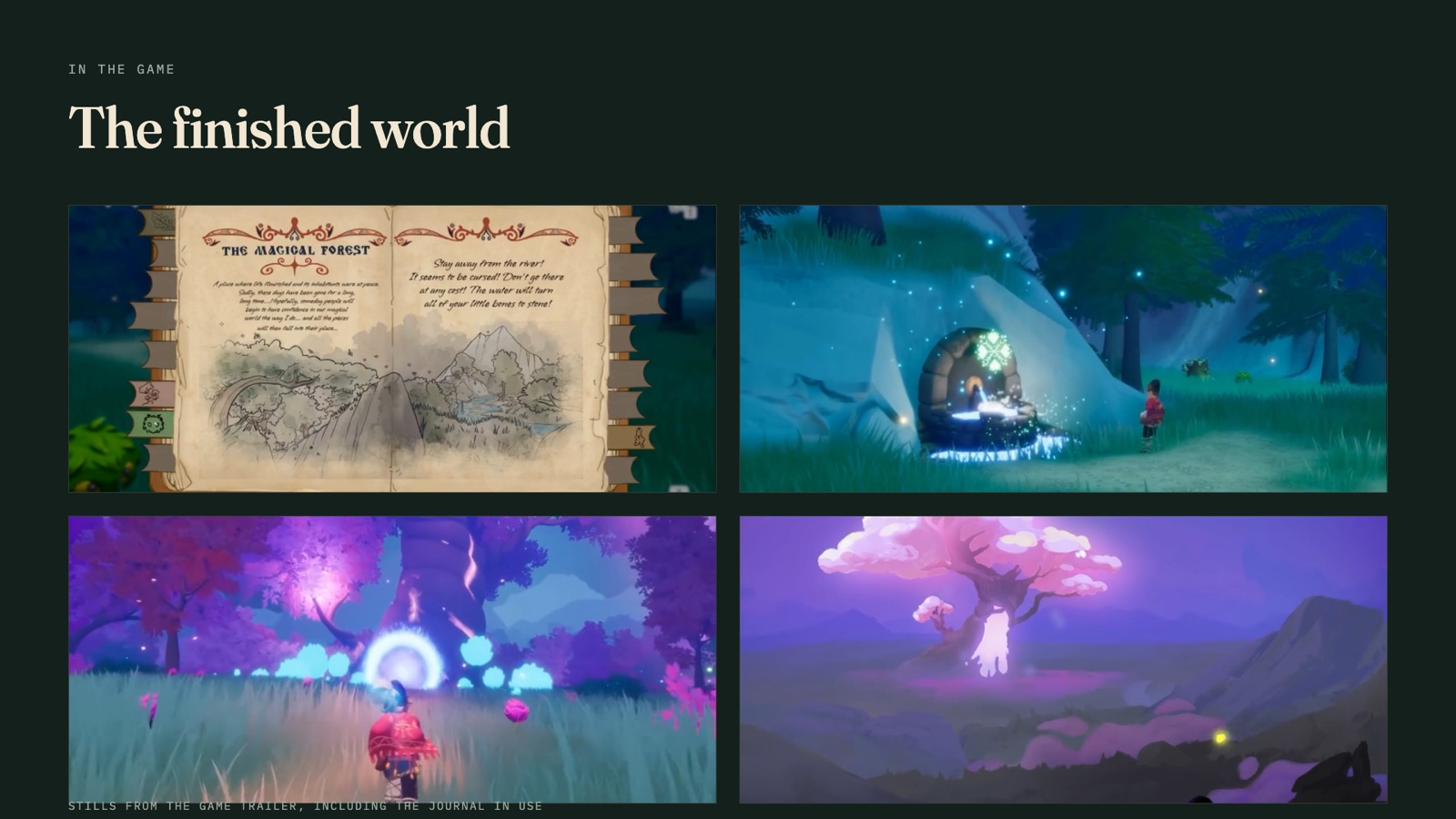 The finished world: stills from the game trailer, including the journal in use.