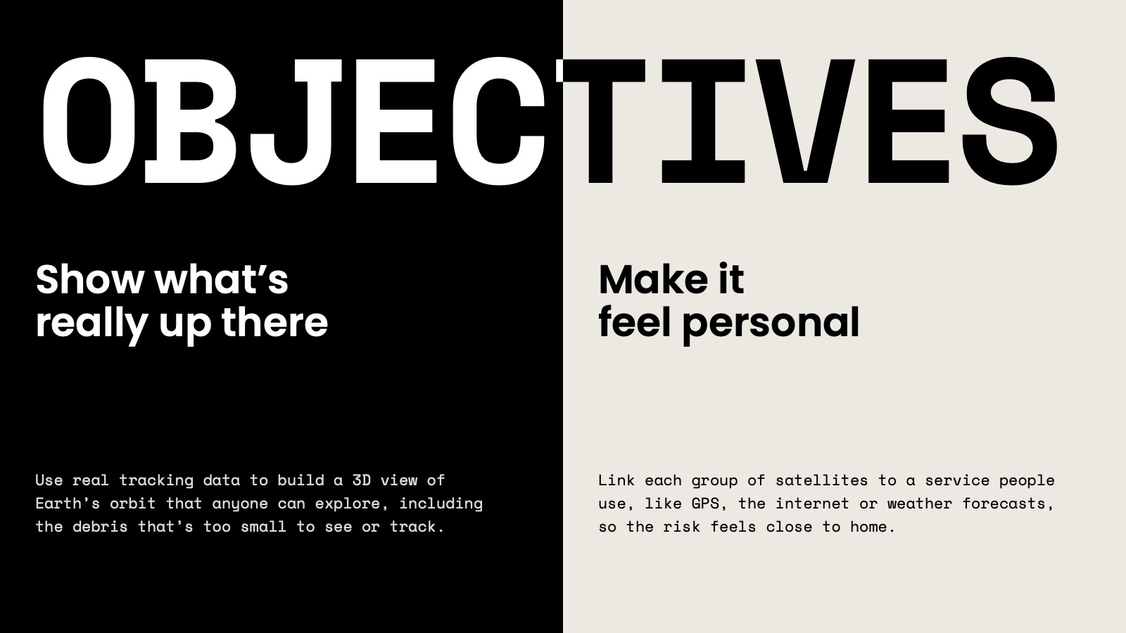 Objectives: show what's really up there with real tracking data, and make it personal by linking satellites to everyday services.